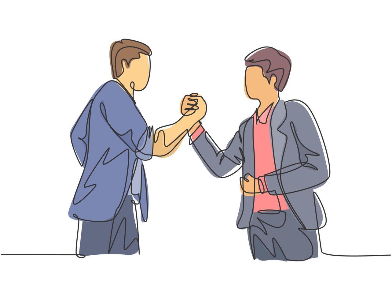 Continuous line drawing of young business man handshake his colleague to deal a project. Business meeting concept. Single line drawing design, vector graphic illustration