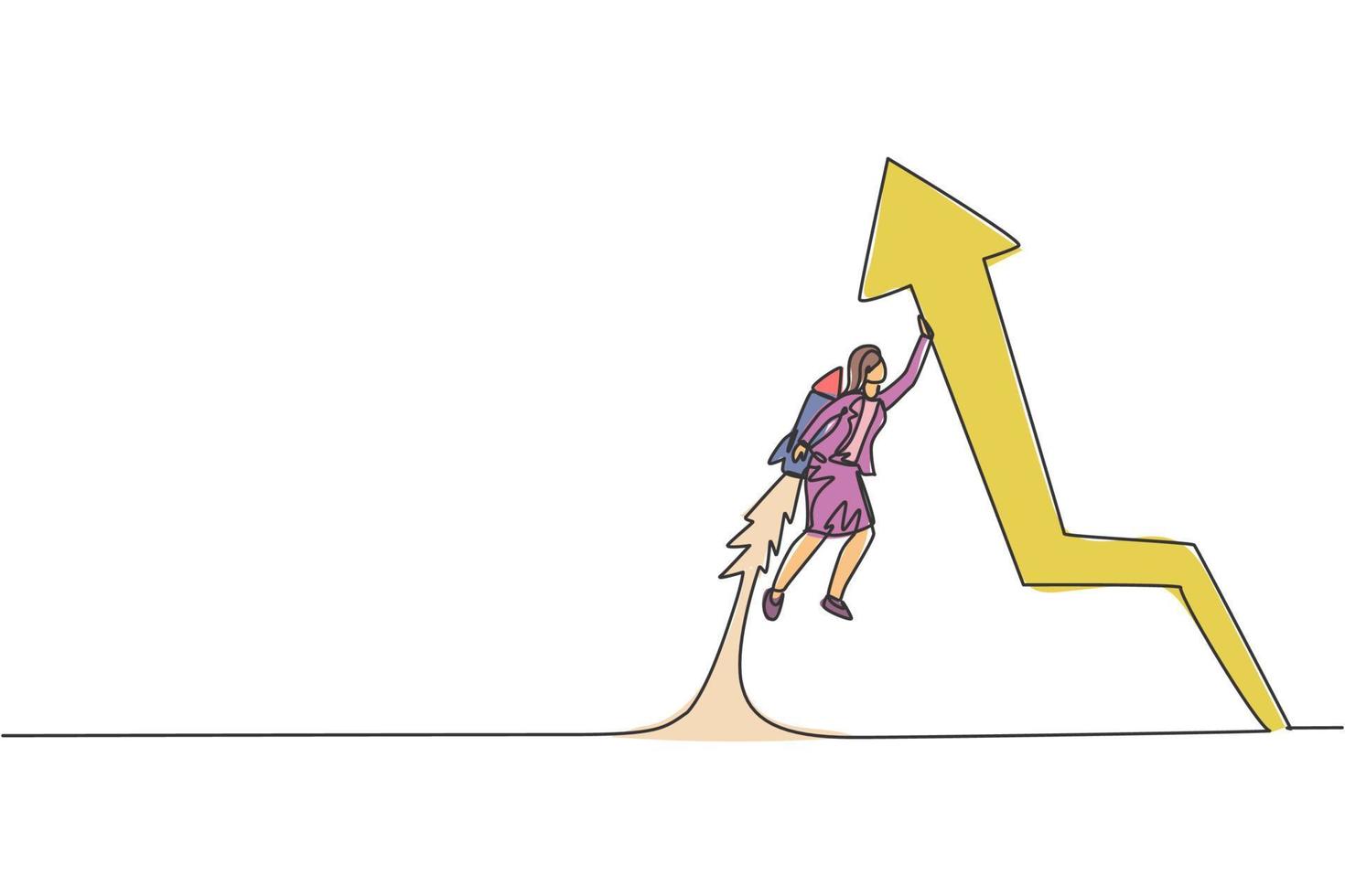 Continuous one line drawing of young female worker flying high using jetpack holding up arrow. Success business growth minimalist concept. Trendy single line draw design vector graphic illustration
