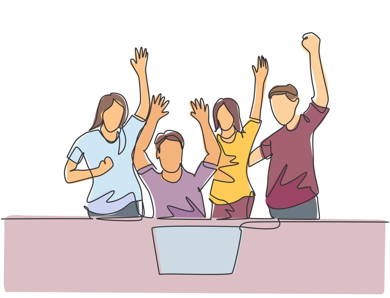 One continuous line drawing of young happy female start up CEO and his subordinates celebrating their success achieve the business target. Team work goal concept single line draw design illustration vector