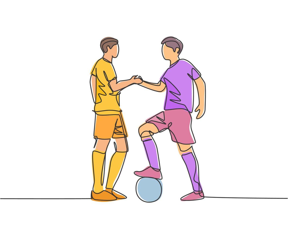 dibujo de línea continua de dos jugadores de fútbol y apretón de manos para mostrar deportividad antes de comenzar el partido. respeto en el concepto de deporte de fútbol. Ilustración de vector de dibujo de una línea