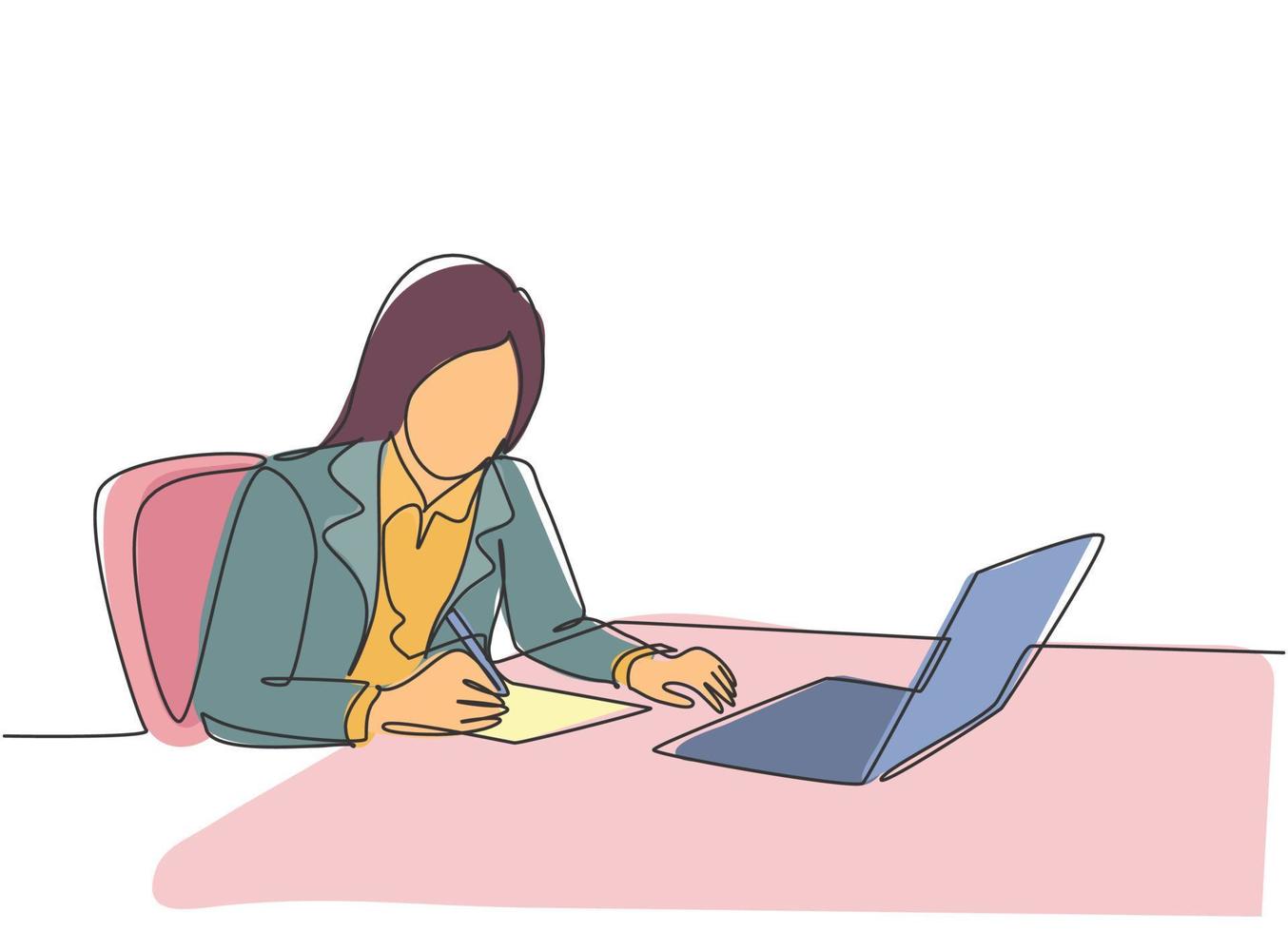 One continuous line drawing of young  serious female employee writing business draft on her work desk at the office. Business letter concept. Single line draw graphic design vector illustration