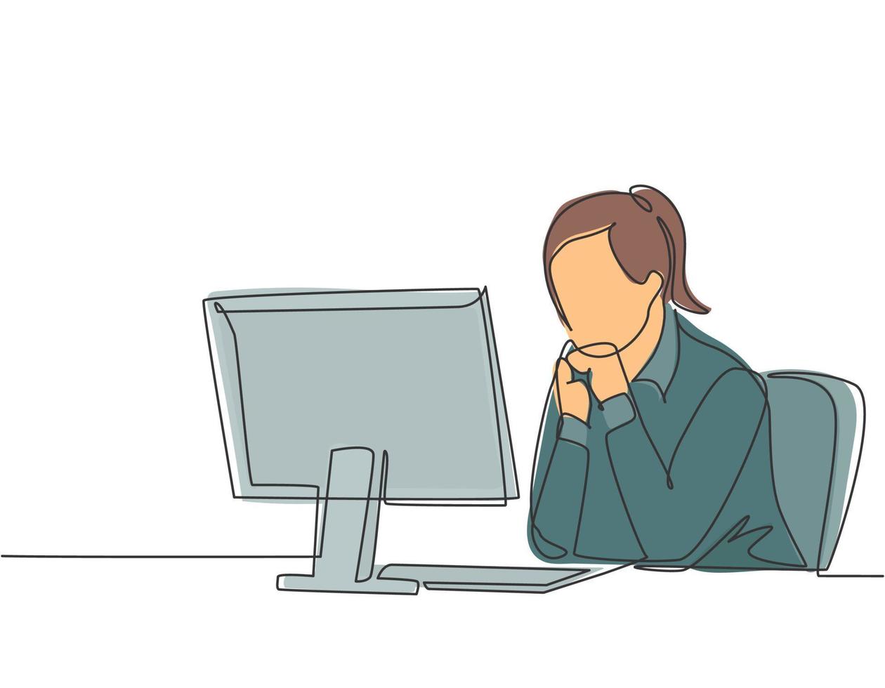 Single continuous line drawing of young female manager sitting calmly in front of laptop and thinking business strategy at the office. Business idea concept one line draw design vector illustration