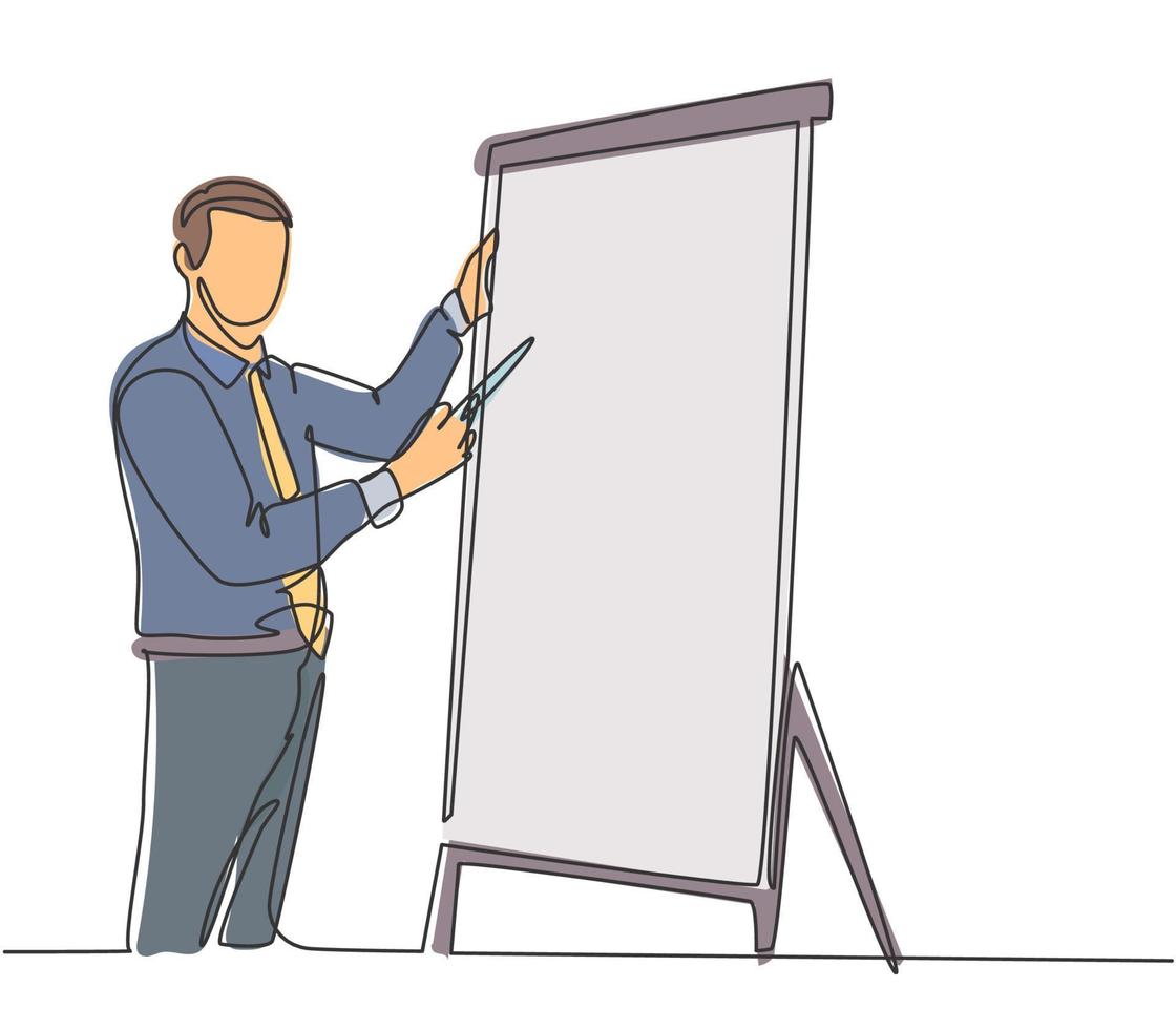 One continuous line drawing of young manager writing business success formula on flip chart and share it to audience. Business training concept single line draw design vector illustration