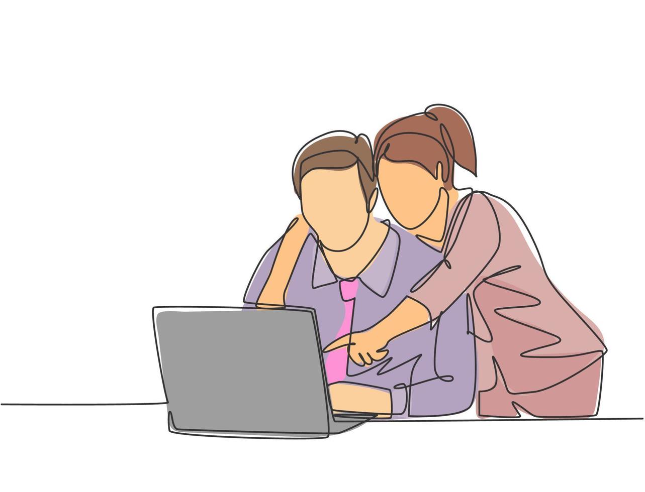 One single line drawing of young happy couple embracing and hugging romantic in front of computer discussing business. Couple lover worker concept continuous line draw design vector illustration