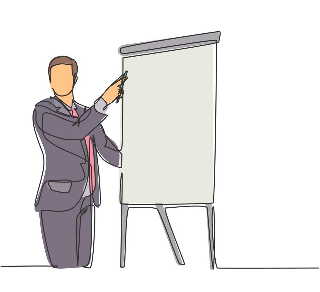 One single line drawing of young happy startup founder presenting business proposal to the investors. Business presentation at the office concept continuous line graphic draw design illustration vector