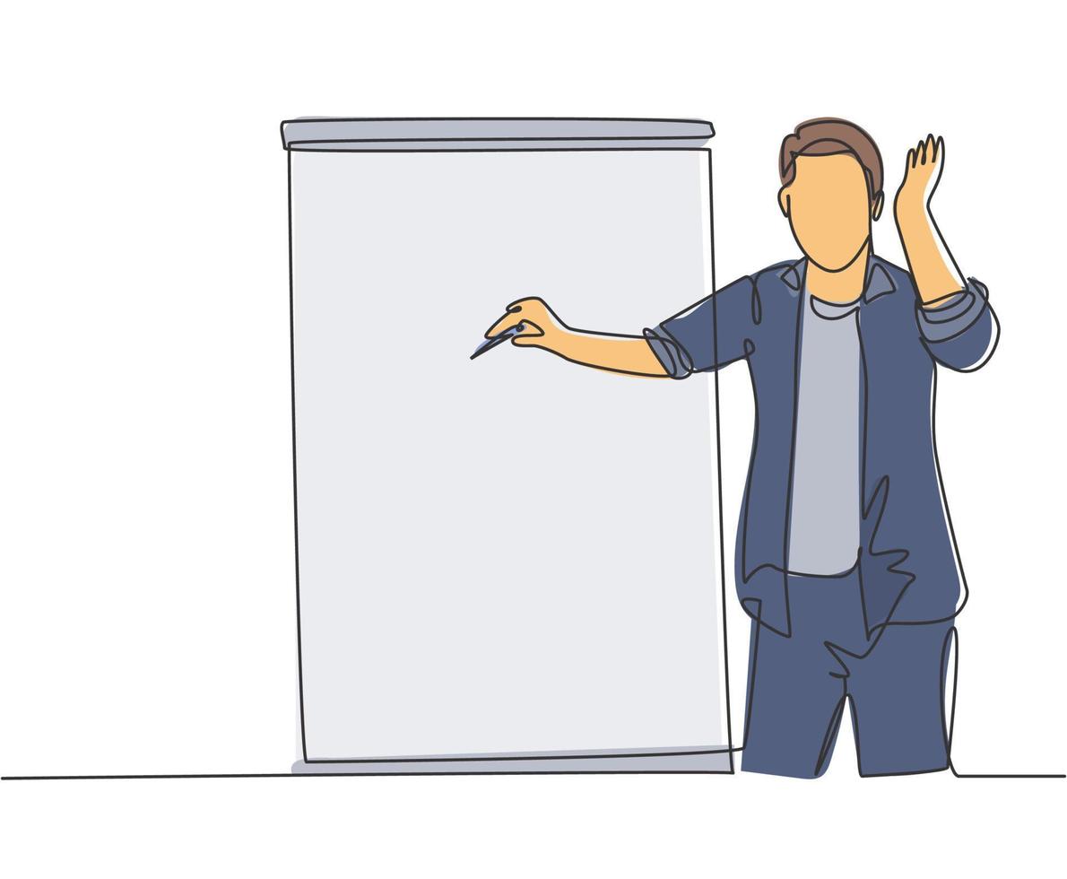 One continuous line drawing of young presenter pointing finger on audience who want to ask while doing presentation. Workshop presentation concept single line draw design graphic vector illustration