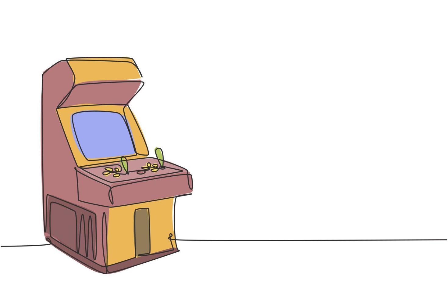 un dibujo de una sola línea de la vieja máquina de videojuegos arcade clásica retro en el centro de juegos. Concepto de juego de consola basado en monedas vintage ilustración de vector gráfico de diseño de dibujo de línea continua
