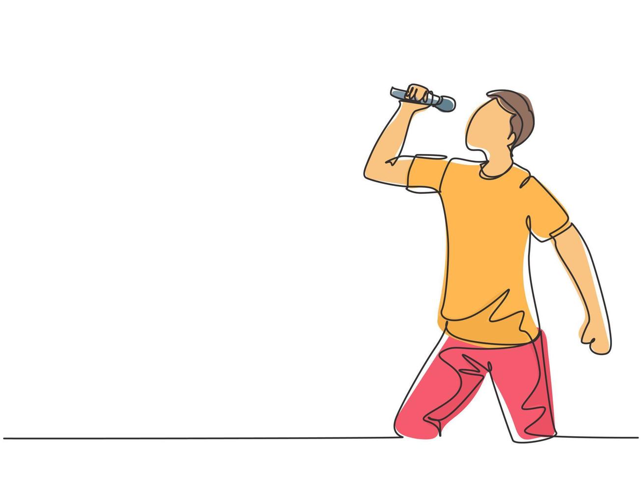 One single line drawing of young happy male rocker singer holding microphone and singing on music concert stage. Musician artist performance concept continuous line draw design vector illustration