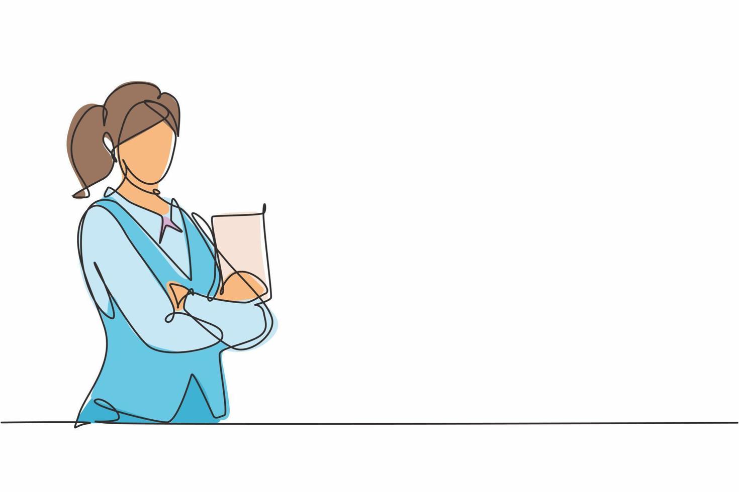 Continuous one line drawing young female waitress holding resto menu and posing cross arms on chest. Professional job profession minimalist concept. Single line draw design vector graphic illustration
