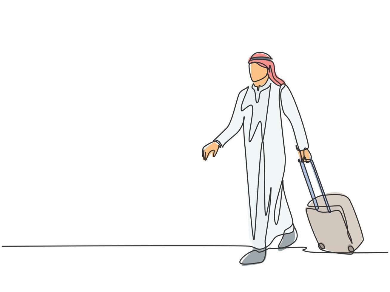 un solo dibujo de línea del joven hombre de negocios musulmán feliz llevando una maleta fuera del aeropuerto. tela de arabia saudita shmag, kandora, pañuelo en la cabeza, thobe. Ilustración de vector de diseño de dibujo de línea continua