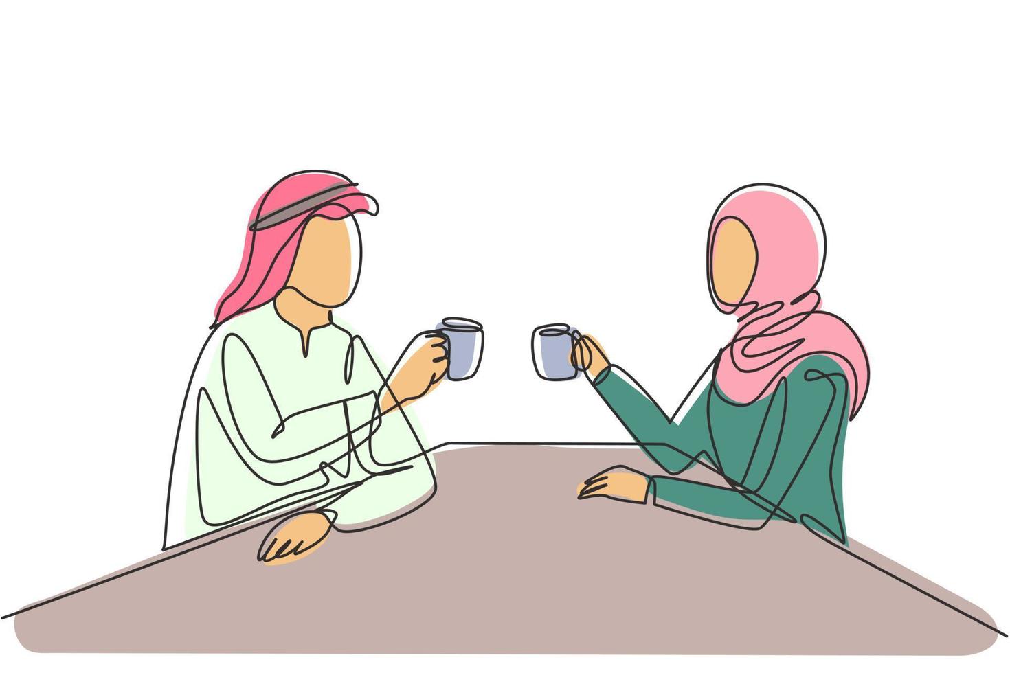 Single continuous line drawing young Arabian couple holding a cup of hot coffee, preparing toast to celebrate success of office work project. Dynamic one line draw graphic design vector illustration