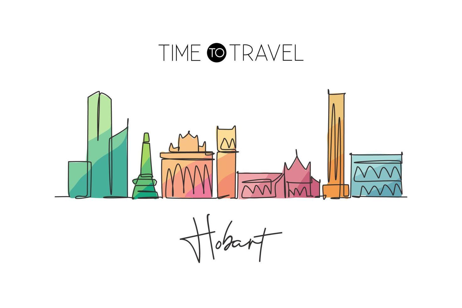 One single line drawing of Hobart city skyline, Australia. Historical town landscape in world. Best holiday destination poster. Editable stroke trendy continuous line draw design vector illustration