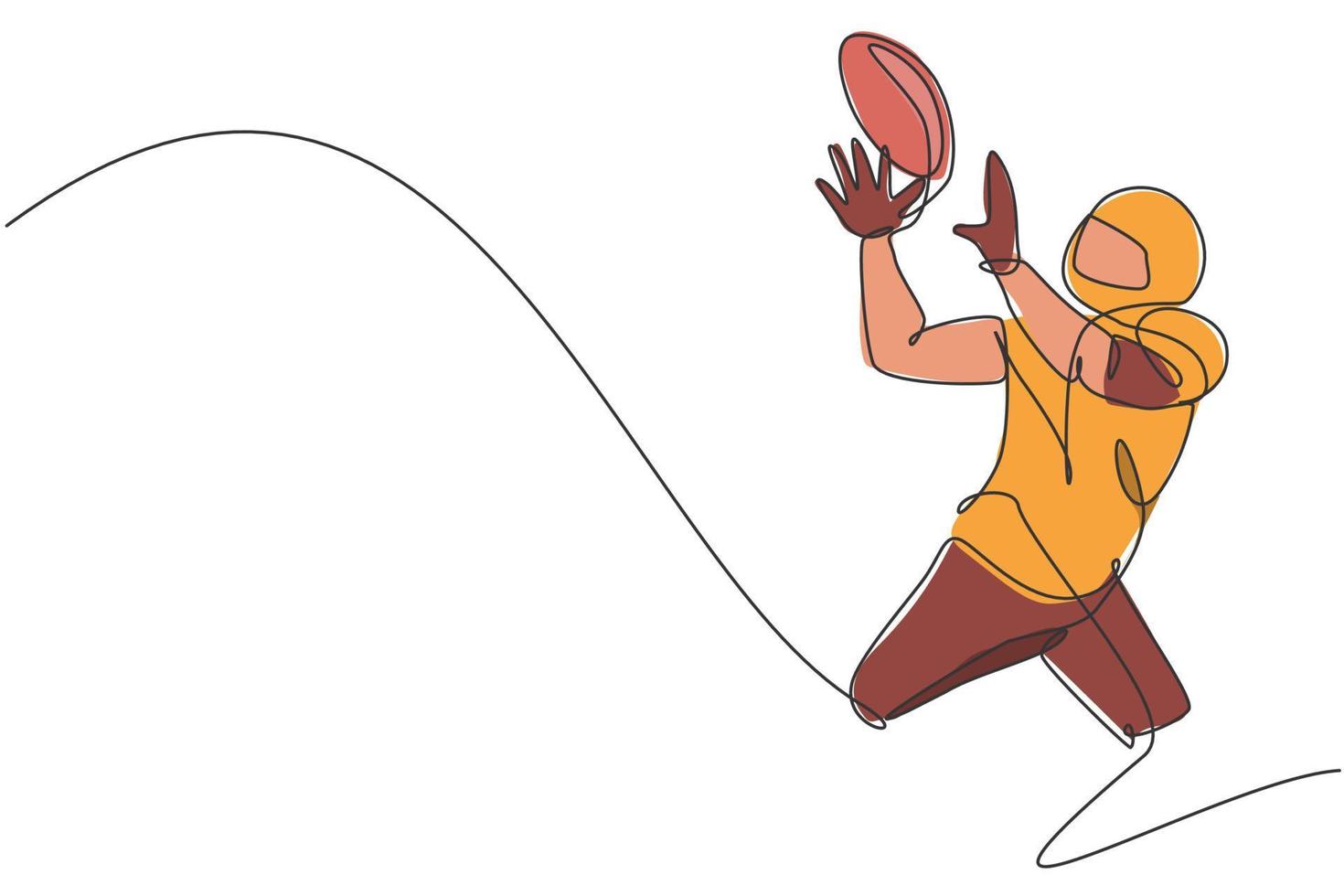Single continuous line drawing of young agile man american football player exercising to catch the ball for competition media. Sport exercise concept. Trendy one line draw design vector illustration