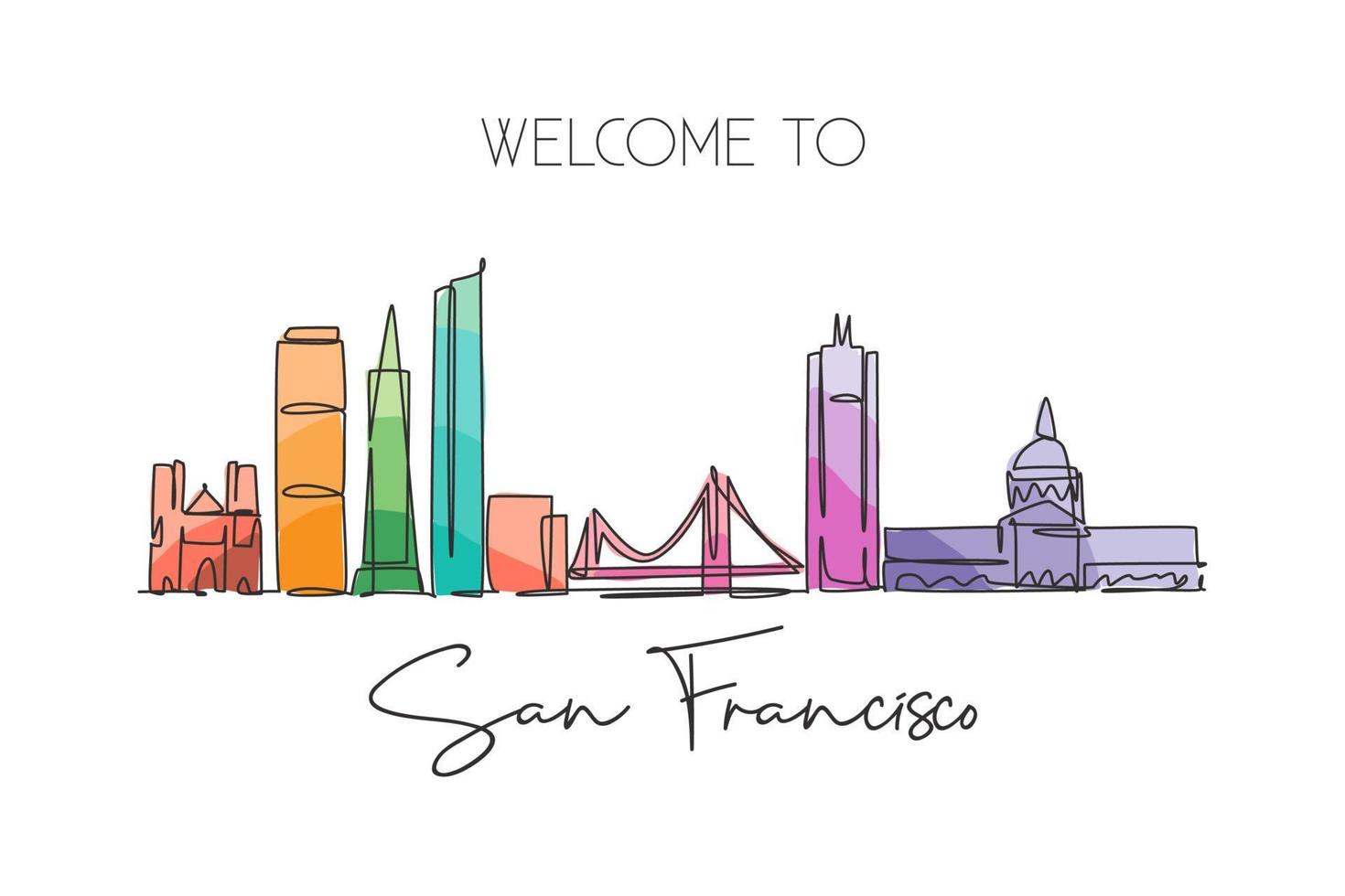 One continuous line drawing San Francisco city skyline, United States of America. Beautiful landmark. World tourism travel vacation poster. Editable stroke single line draw design vector illustration