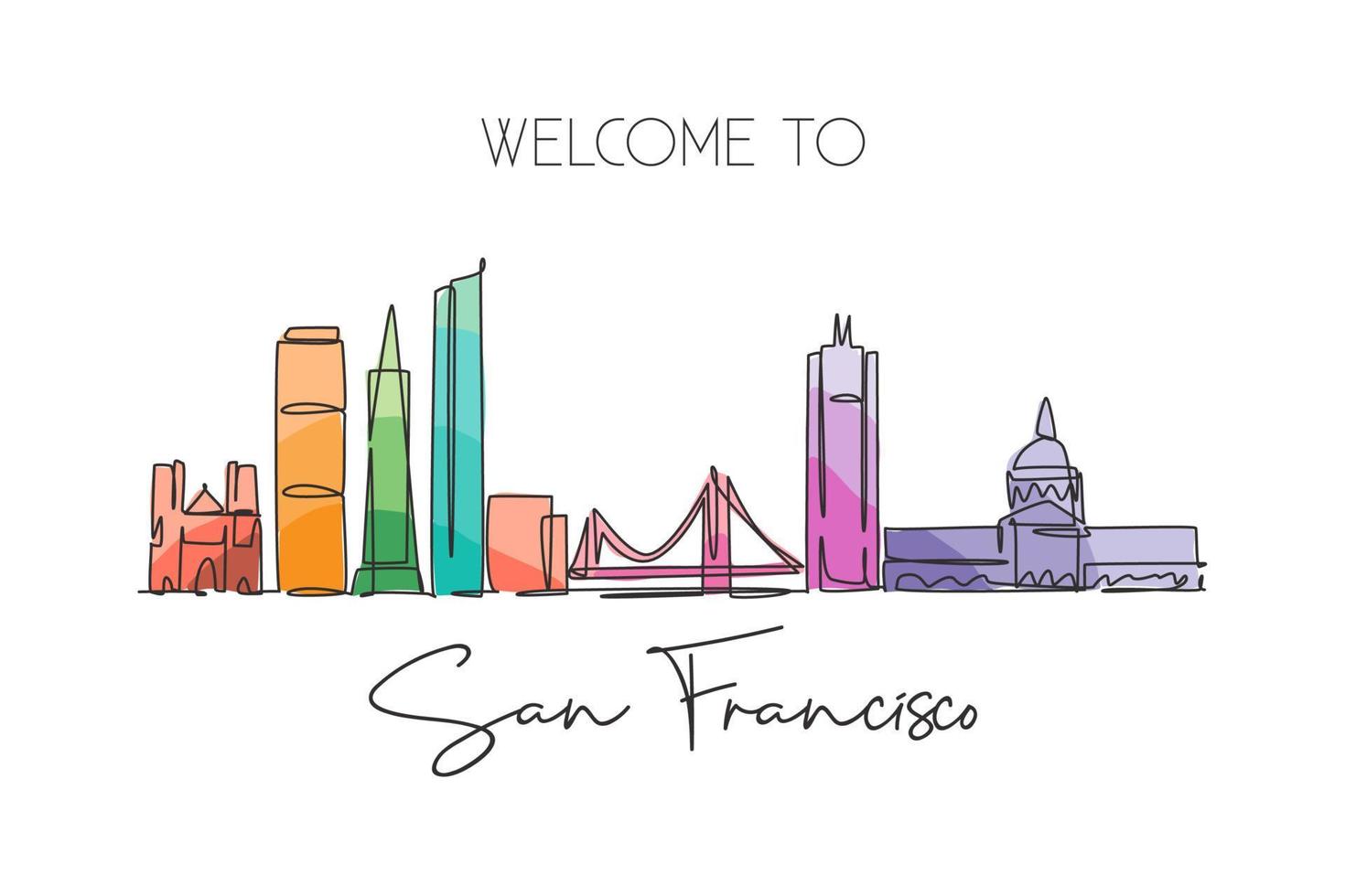 una línea continua dibujando el horizonte de la ciudad de san francisco, estados unidos de américa. hermoso hito. cartel de vacaciones de viajes de turismo mundial. ilustración vectorial de diseño de dibujo de una sola línea de trazo editable vector