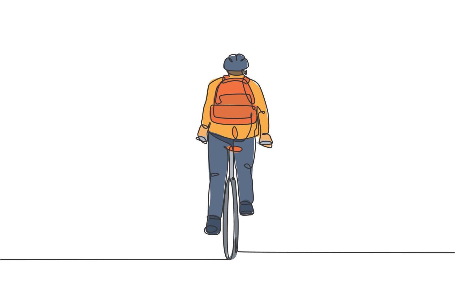One continuous line drawing of young professional manager man cycling ride bike to his office, rear view. Healthy working urban lifestyle concept. Dynamic single line draw design vector illustration