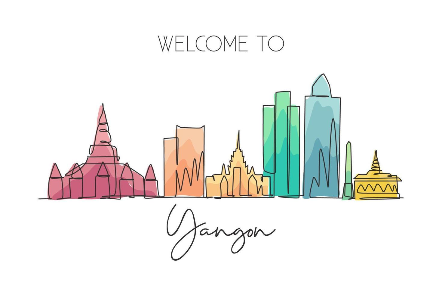 One single line drawing of Yangon city skyline, Myanmar. Historical town landscape in the world. Best holiday destination poster. Editable stroke trendy continuous line draw design vector illustration