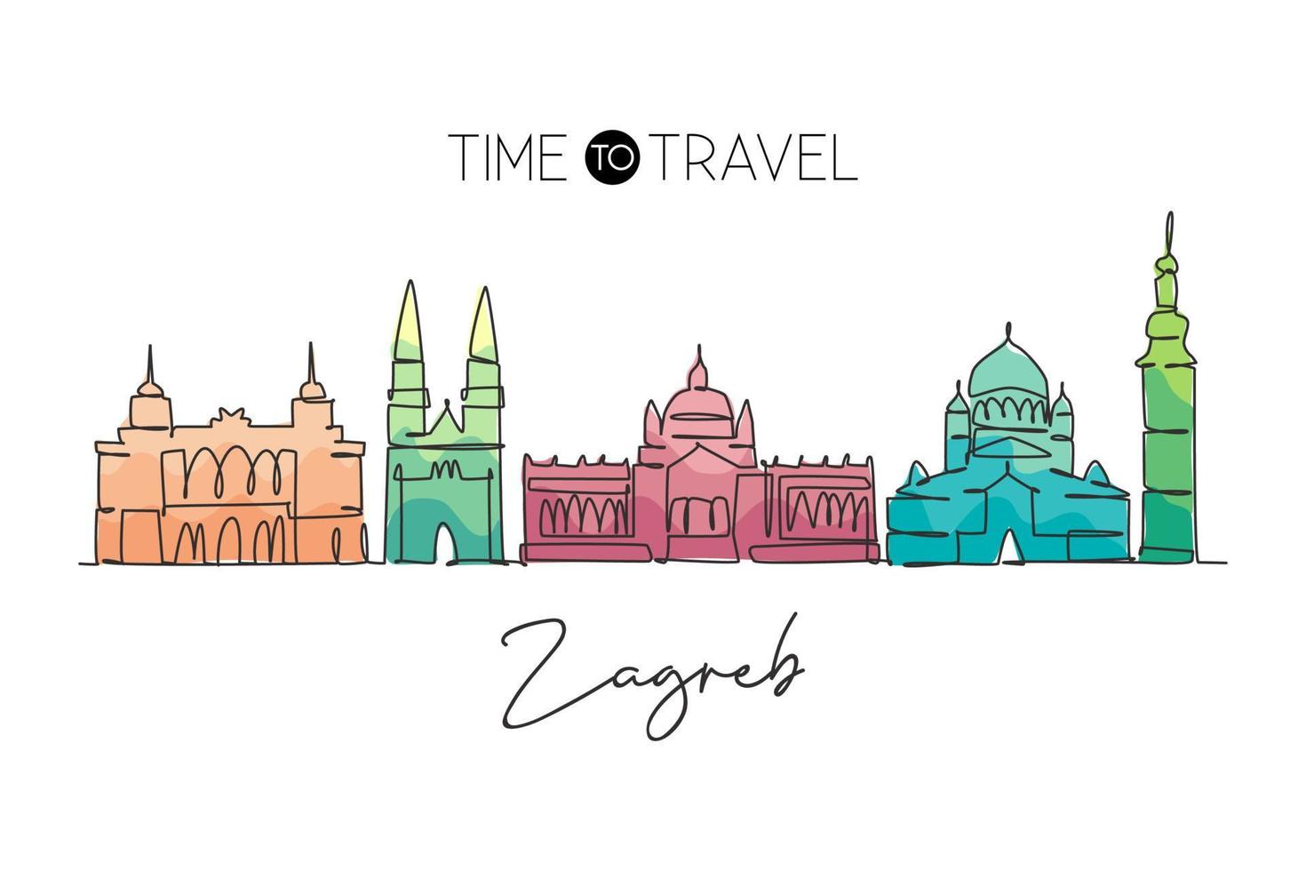 Single continuous line drawing of Zagreb city skyline, Croatia. Famous city scraper landscape. World travel concept poster print home wall decor art. Modern one line draw design vector illustration