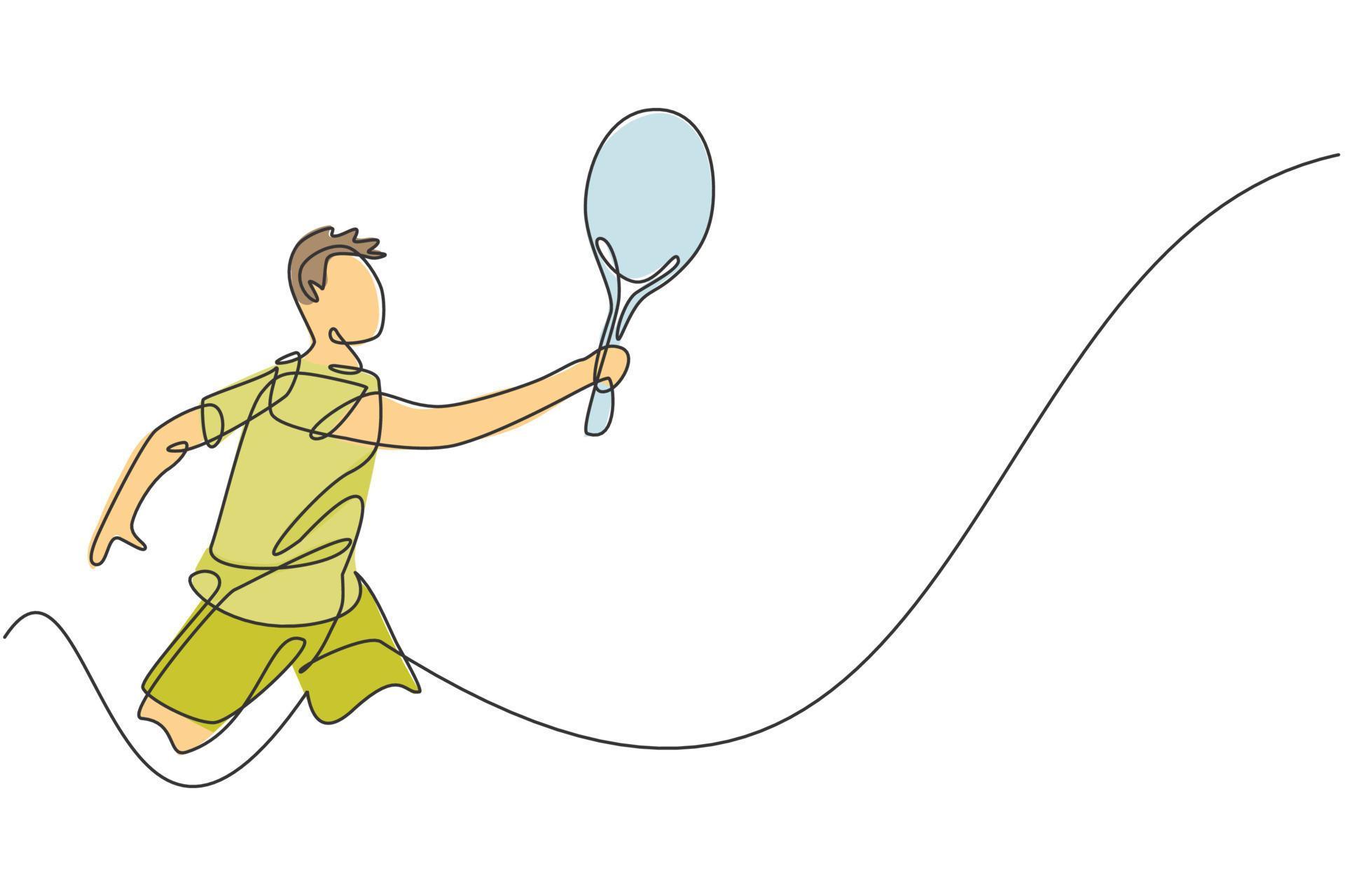 Single continuous line drawing young agile tennis player hold opponent