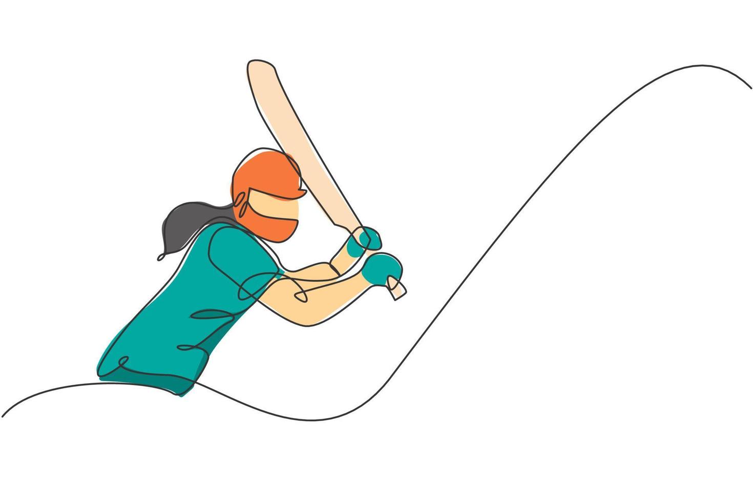 One continuous line drawing of young happy woman cricket player practice to hit the ball vector illustration. Competitive sport concept. Dynamic single line draw design for sport advertisement poster