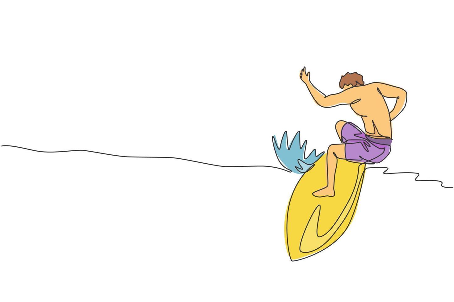 un dibujo de una sola línea de un joven surfista deportivo montado en un barril de grandes olas en la ilustración vectorial del paraíso de la playa de surf. concepto de estilo de vida de deportes acuáticos extremos. diseño moderno de dibujo de línea continua vector