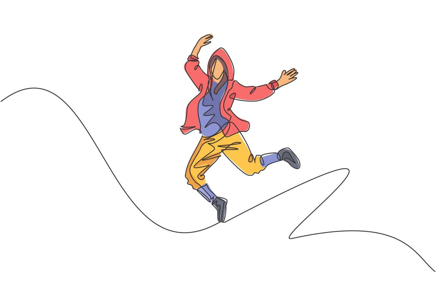 un dibujo de línea continua de un joven bailarín de break deportivo que muestra el estilo de baile de salto de hip hop en la calle. concepto de deporte de estilo de vida urbano. Ilustración gráfica de vector de diseño de dibujo de línea única dinámica