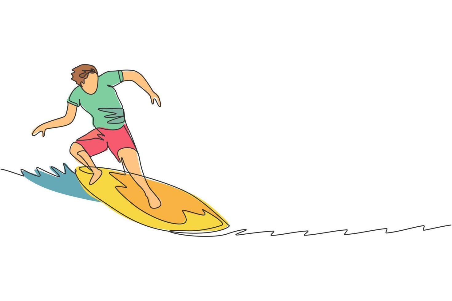 One continuous line drawing young happy tourist surfer exercising surfing on wavy ocean. Healthy extreme watersport concept. Summer holiday. Dynamic single line draw design vector illustration graphic