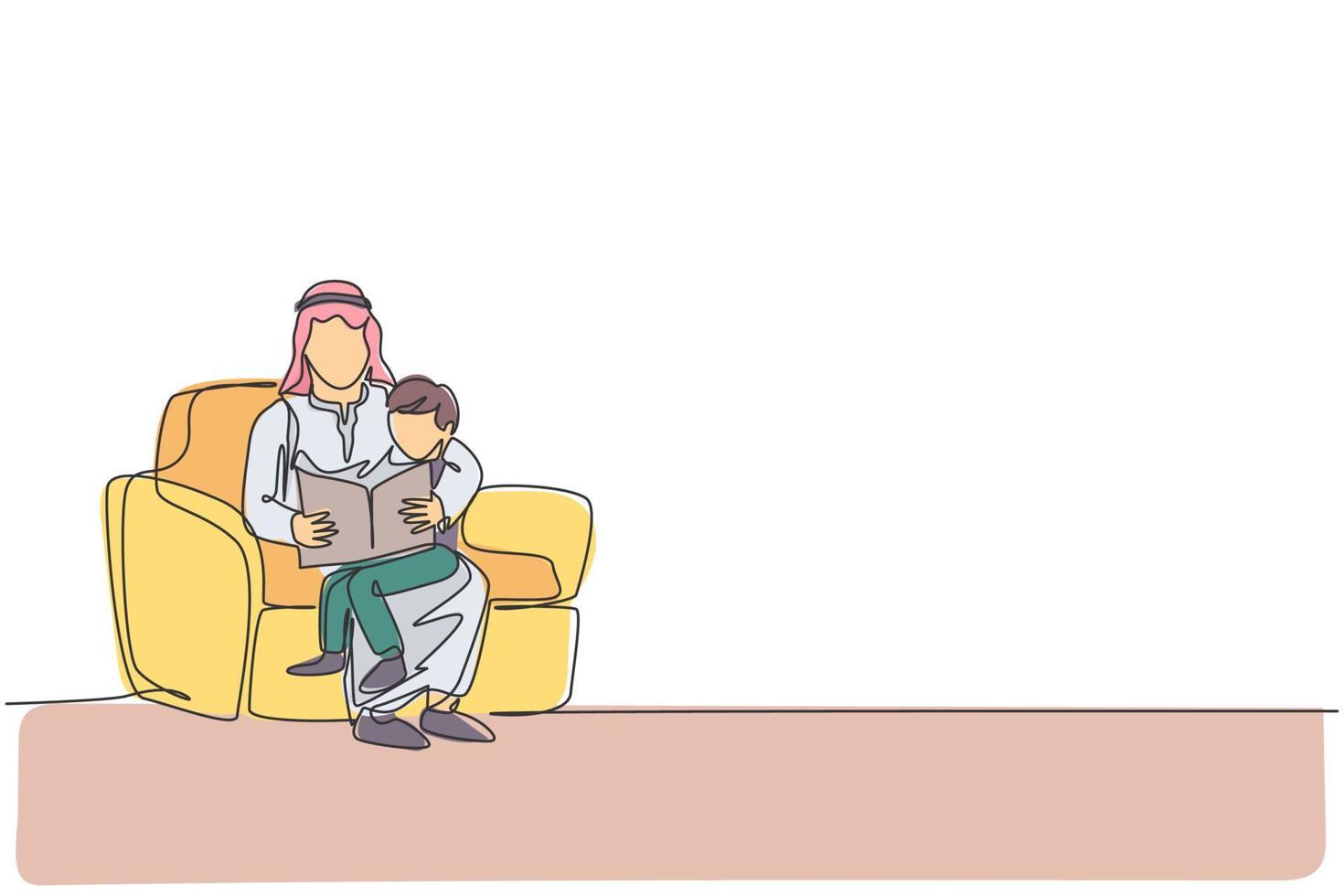 Single one line drawing of young Arabian dad sitting on sofa with his son to read a book vector illustration. Happy Islamic muslim family parenting concept. Modern continuous line graphic draw design