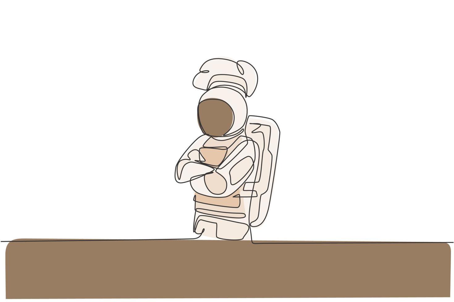 Single continuous line drawing of astronaut chef cross his hands on chest, pose elegant in outer space cafe. Healthy restaurant cuisine concept. Trendy one line draw design graphic vector illustration