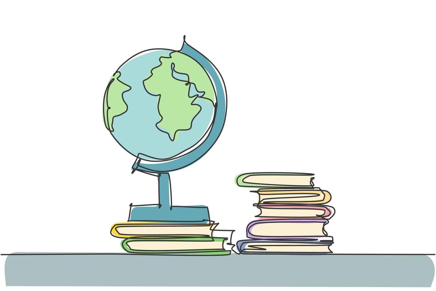 Single one line drawing of globe and stack of books. Earth and book graphic for education concept. Infographics, school presentation isolated on white background. Design vector illustration