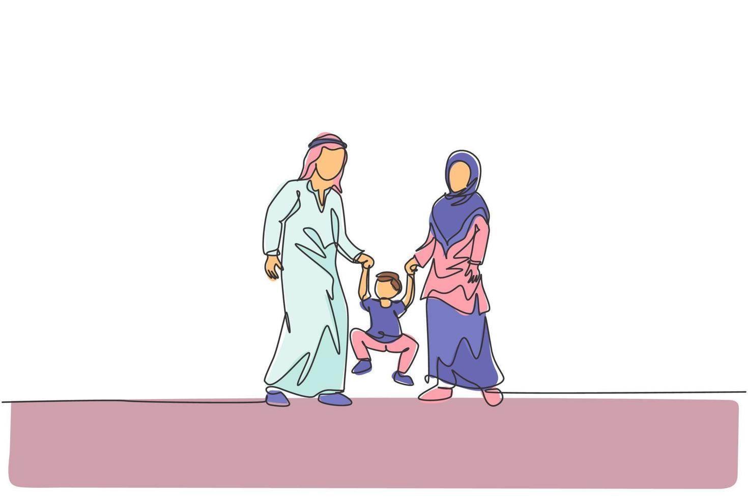 One single line drawing of young Islamic mother and daughter playing  and lifting their son's hand together vector illustration. Happy Arabian family parenting concept. Continuous line draw design