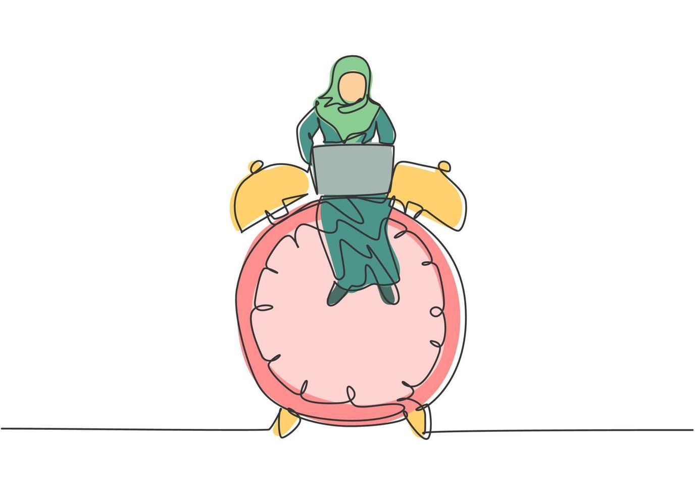 Dibujo de línea continua única joven mujer de negocios árabe sentada en un gran reloj despertador analógico y escribiendo en la computadora portátil. concepto de metáfora de disciplina empresarial. Ilustración de vector de diseño gráfico de dibujo de una línea.