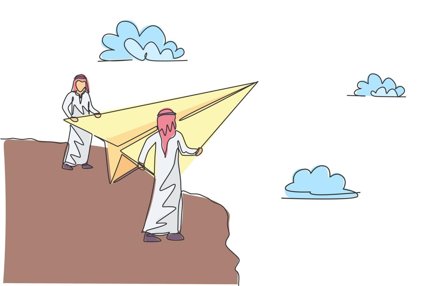 Continuous one line drawing two young Arab male workers fly paper plane from top of mountain. Success business managers minimalist metaphor concept. Single line draw design vector graphic illustration