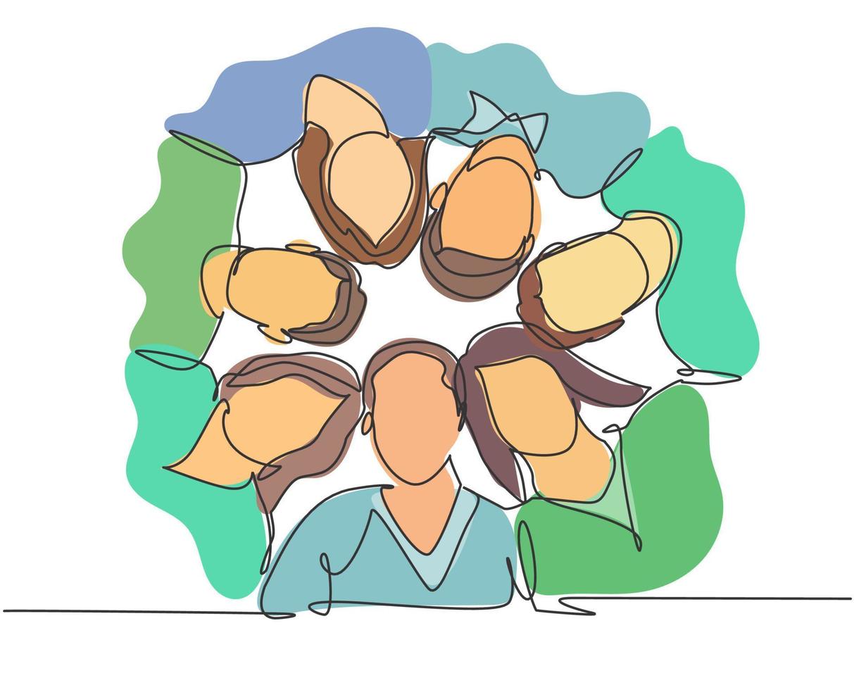 One line drawing of group of businessman and businesswoman creating circle and round shape as teamwork symbol. Business team building concept continuous line draw design graphic vector illustration