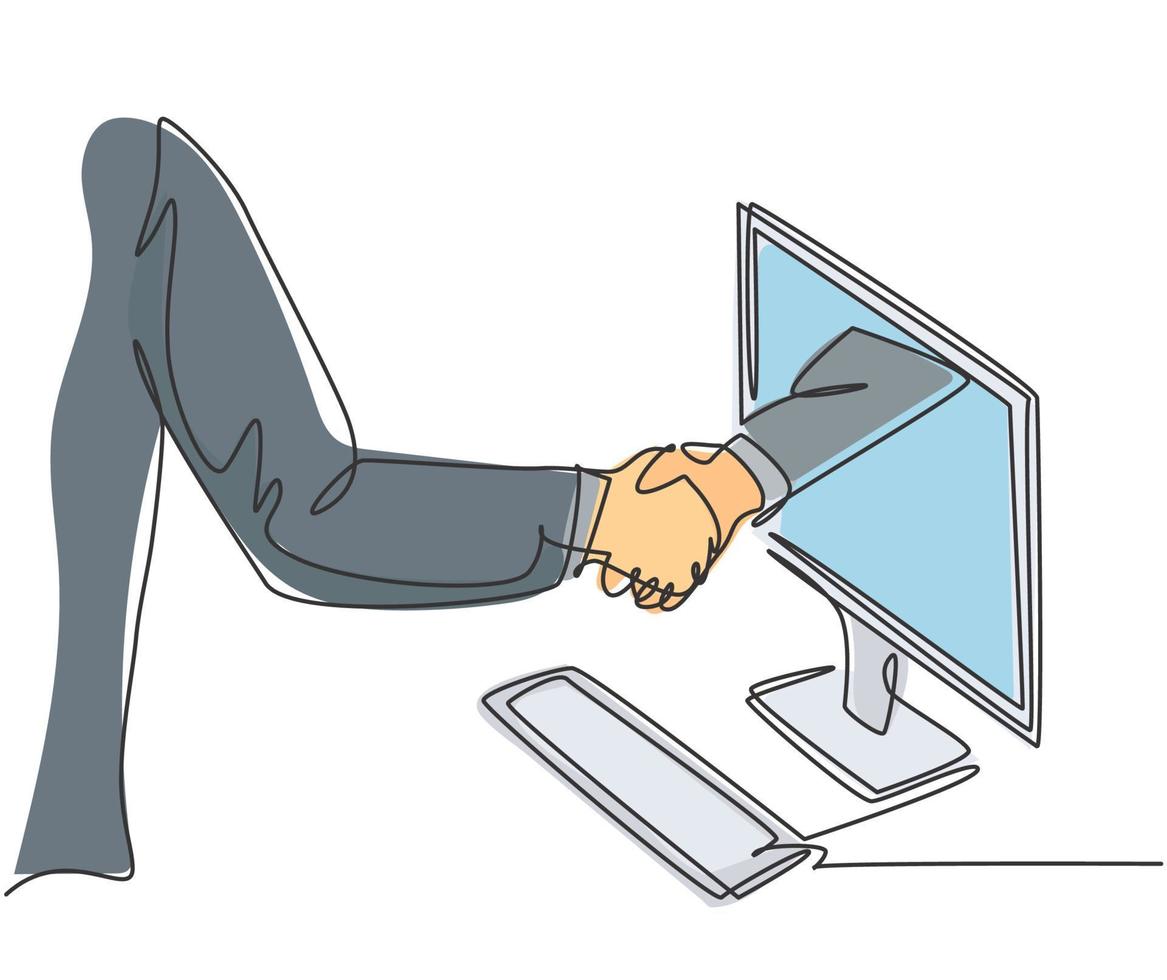 Continuous line drawing of business men shaking hand to deal a project
