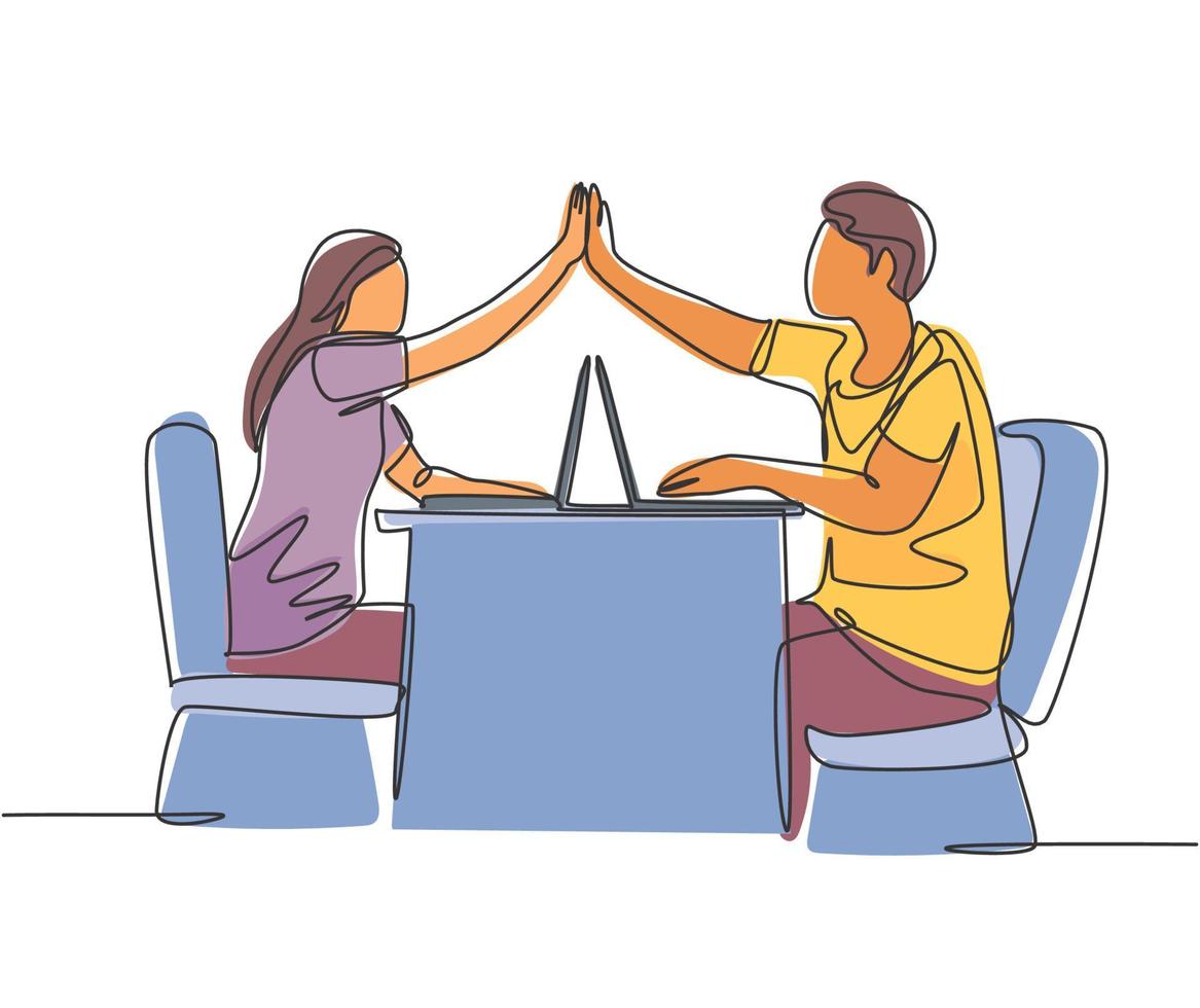 One line drawing of two young happy couple man and woman work at cafe and giving high five gesture to celebrate successful. Business deal concept continuous line draw design vector illustration