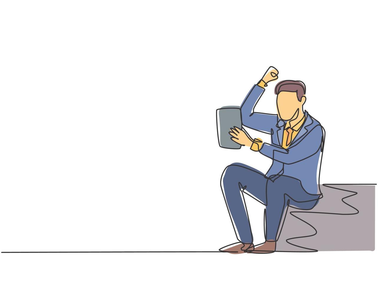 One single line drawing of young happy CEO holding a paper containing business contract agreement. Business deal celebration successful concept. Continuous line draw design graphic vector illustration