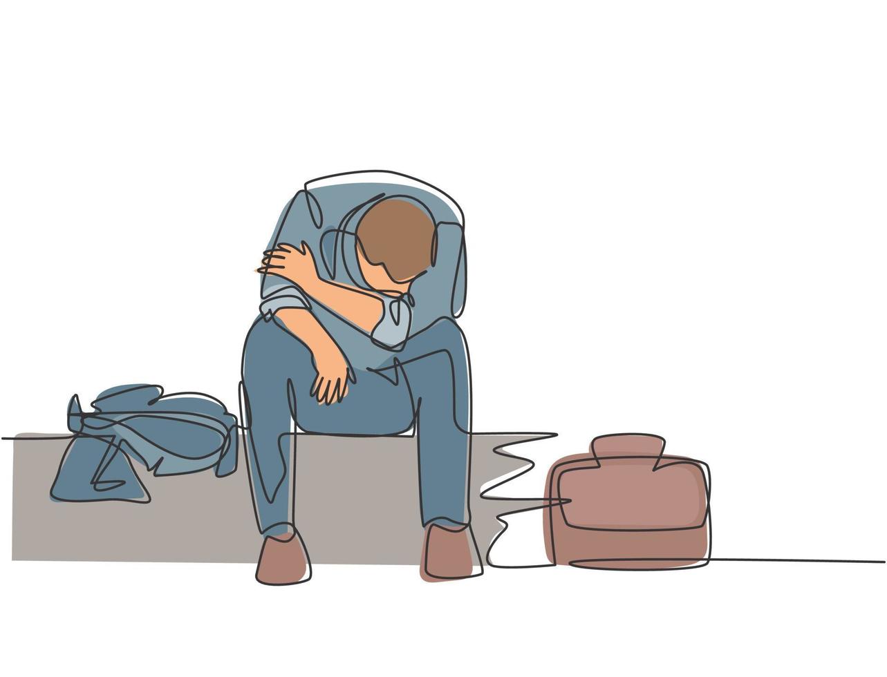Single continuous line drawing of young depressed male manager bowed limply on chair after he got sacked from the work office. Job dismissal concept one line draw design graphic vector illustration