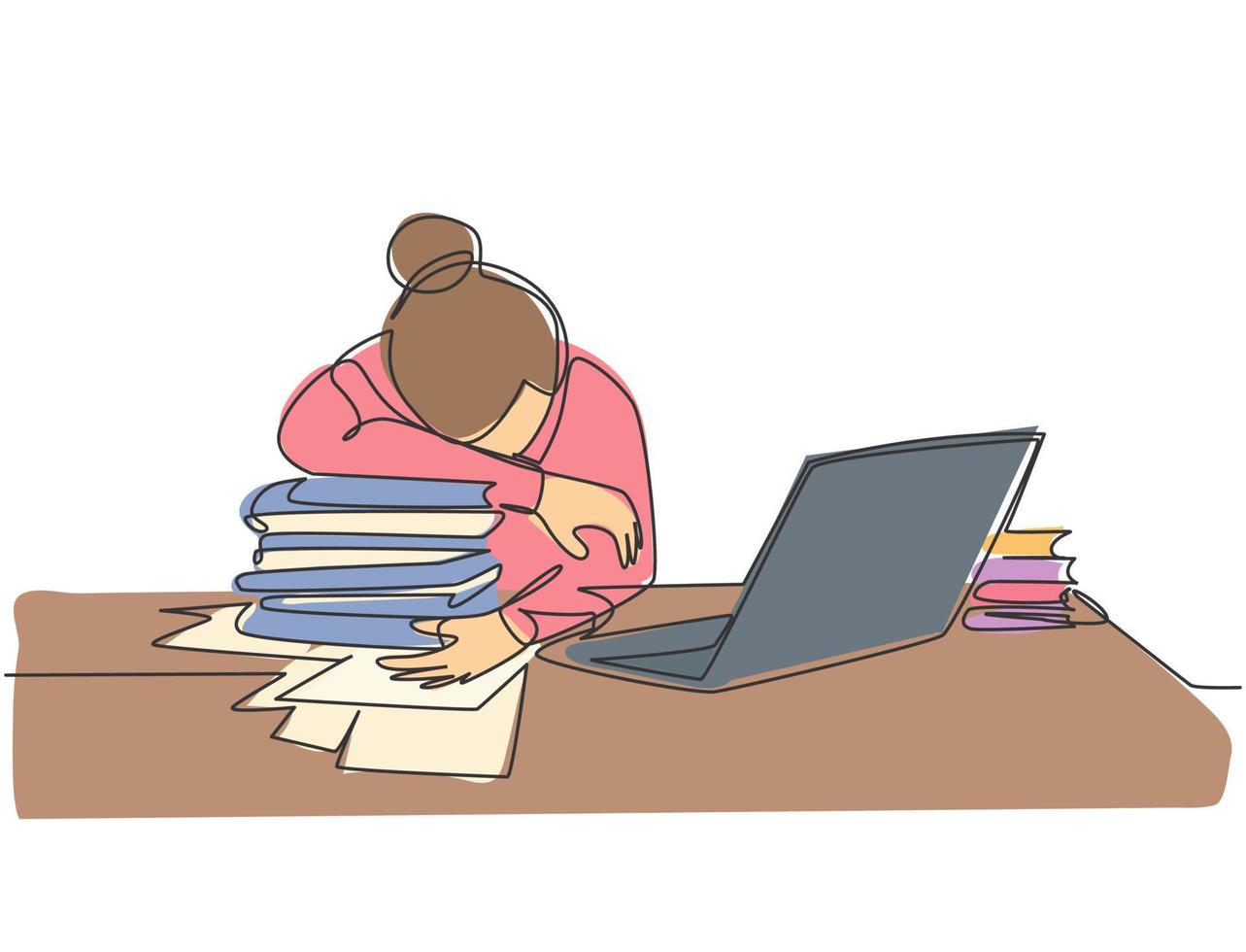 dibujo de línea continua única de empleada joven cansada durmiendo en el escritorio con computadora portátil y pila de papeles. fatiga laboral en el concepto de oficina diseño de dibujo de una línea ilustración vectorial vector