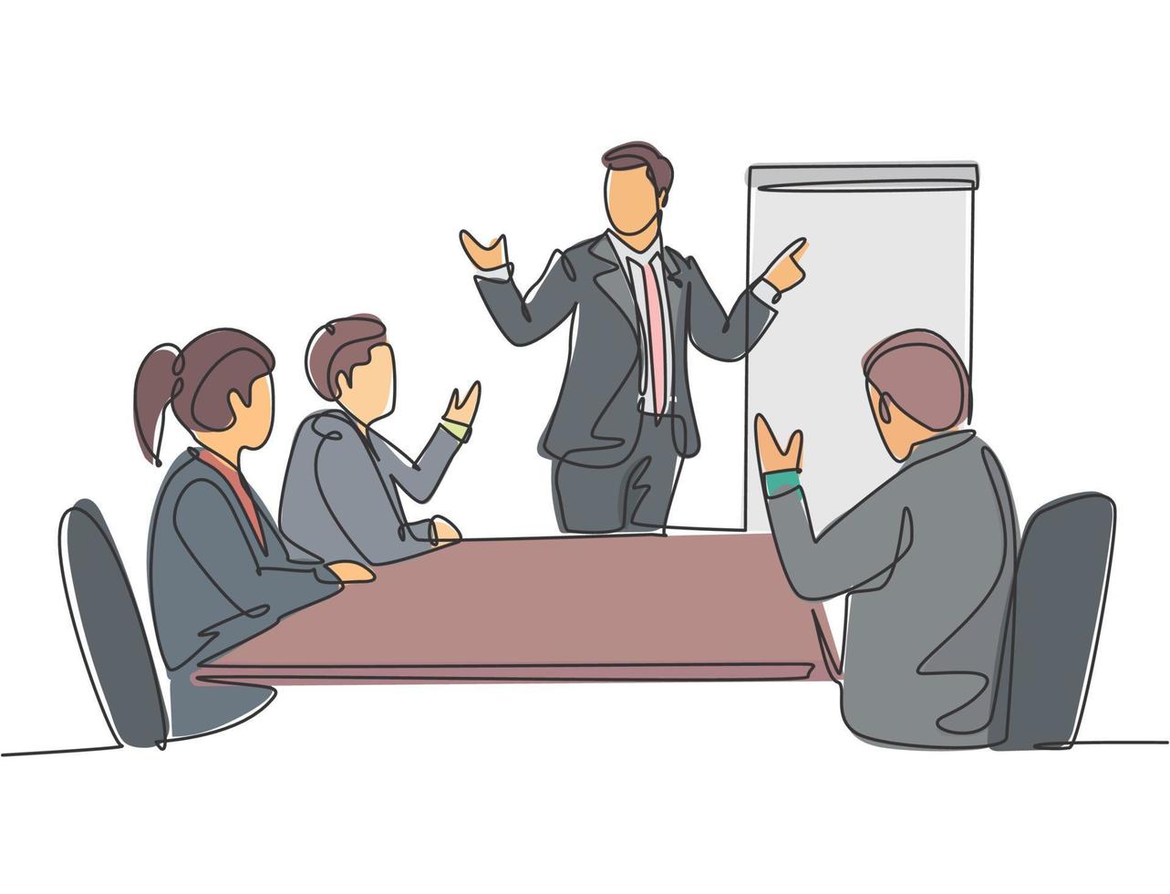 Single continuous line drawing of young happy businessman and businesswoman discussing in the office meeting room. Business meeting and presentation concept one line draw design vector illustration