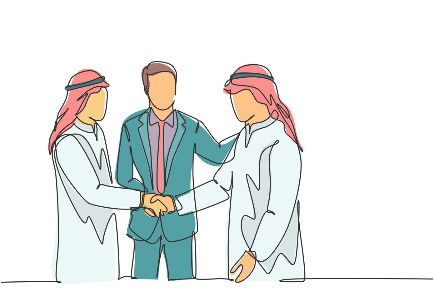 One continuous line drawing of young muslim business man handshake his colleague. Saudi Arabian businessmen with shemag, kandura, scarf, keffiyeh clothing. Single line draw design vector illustration