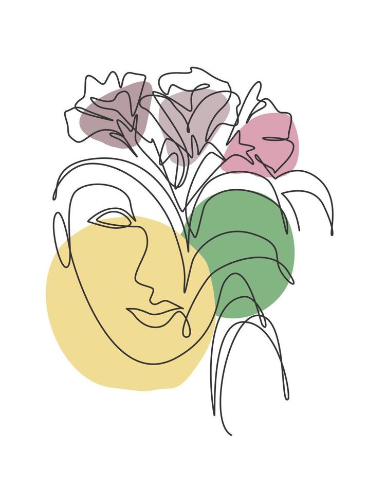 Single continuous line drawing nature portrait minimalist. Flower bouquet head concept. Beauty floral cosmetic salon abstract face print. Trendy one line art draw design vector graphic illustration