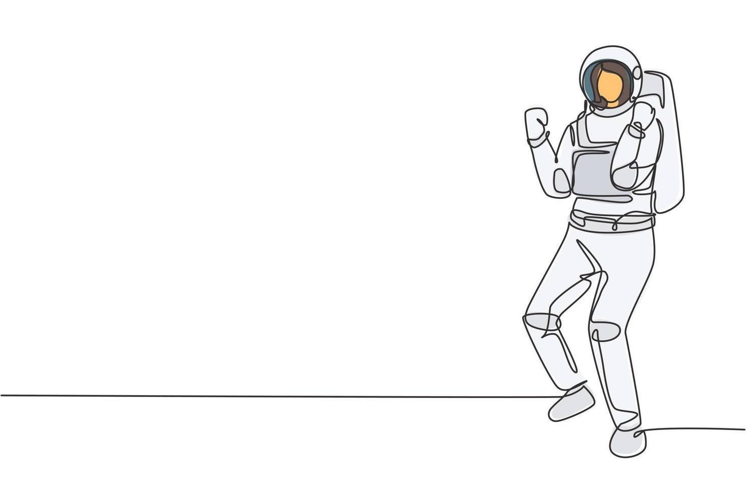 Single one line drawing female astronaut stands with celebrate gesture wearing space suit exploring earth, moon, other planets in the universe. Continuous line draw design graphic vector illustration