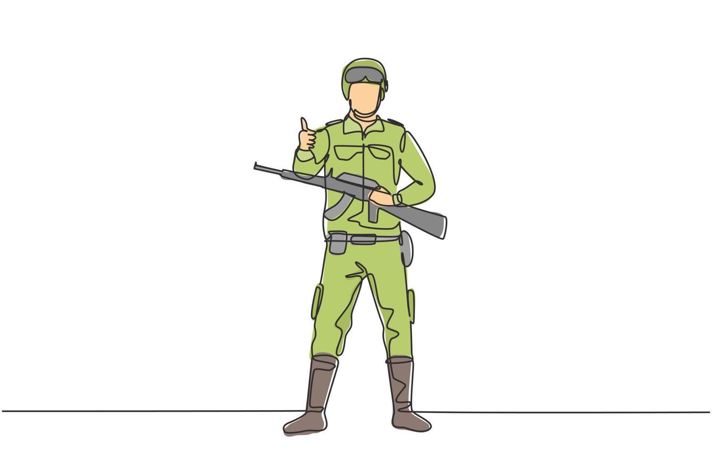 Los soldados de dibujo continuo de una línea están de pie con armas, uniformes completos y gestos de pulgar hacia arriba que sirven al país con la fuerza de las fuerzas militares. Ilustración gráfica de vector de diseño de dibujo de una sola línea