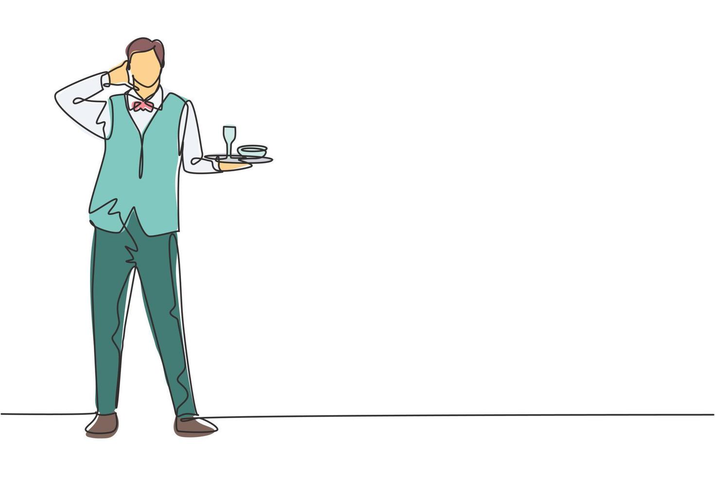 Single continuous line drawing waiter stood up with call me gesture and brought tray drinking glasses to offer restaurant guests. Success job. Dynamic one line draw graphic design vector illustration
