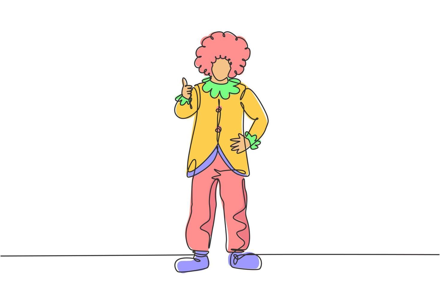 Continuous one line drawing clown stands with a thumbs-up gesture wearing wig and clown costume ready to entertain the audience in the circus arena. Single line draw design vector graphic illustration