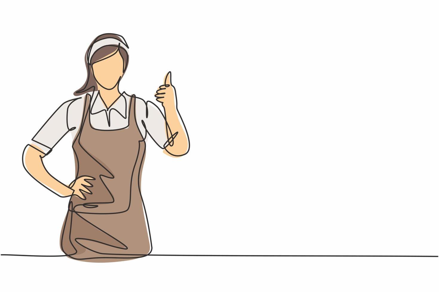 Single continuous line drawing hotel maids in uniform and gesture thumbs up. Work deftly to make and prepare the bed in a professional manner. Dynamic one line draw graphic design vector illustration