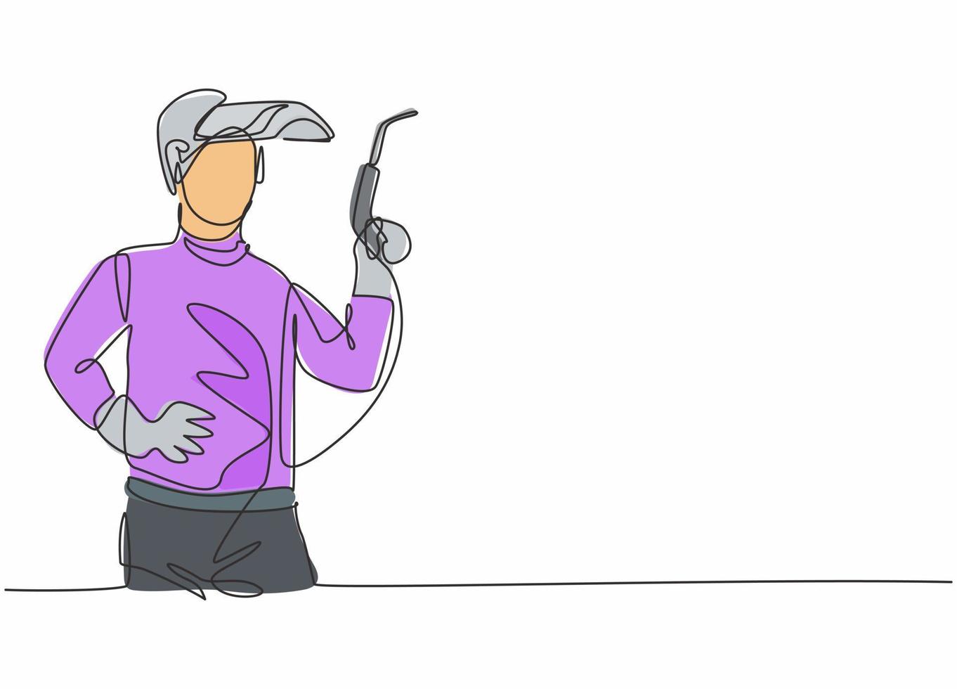 Single continuous line drawing of young male welder wearing mask and holding welding machine. Professional work job occupation. Minimalism concept one line draw graphic design vector illustration