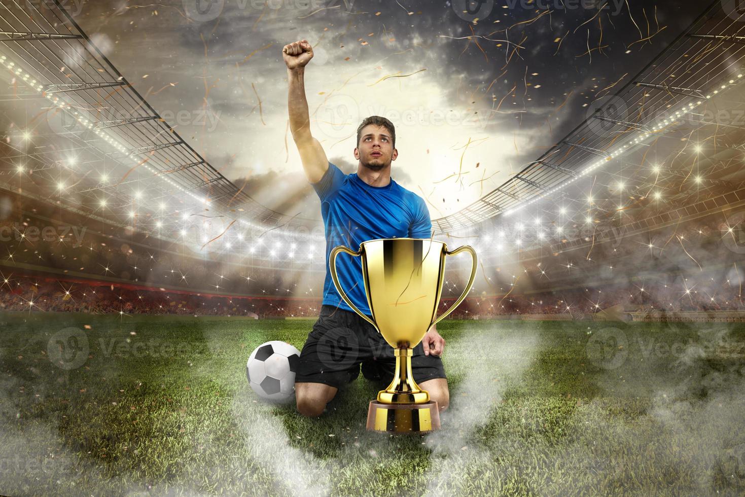 Golden winner's cup in the middle of a stadium with audience photo