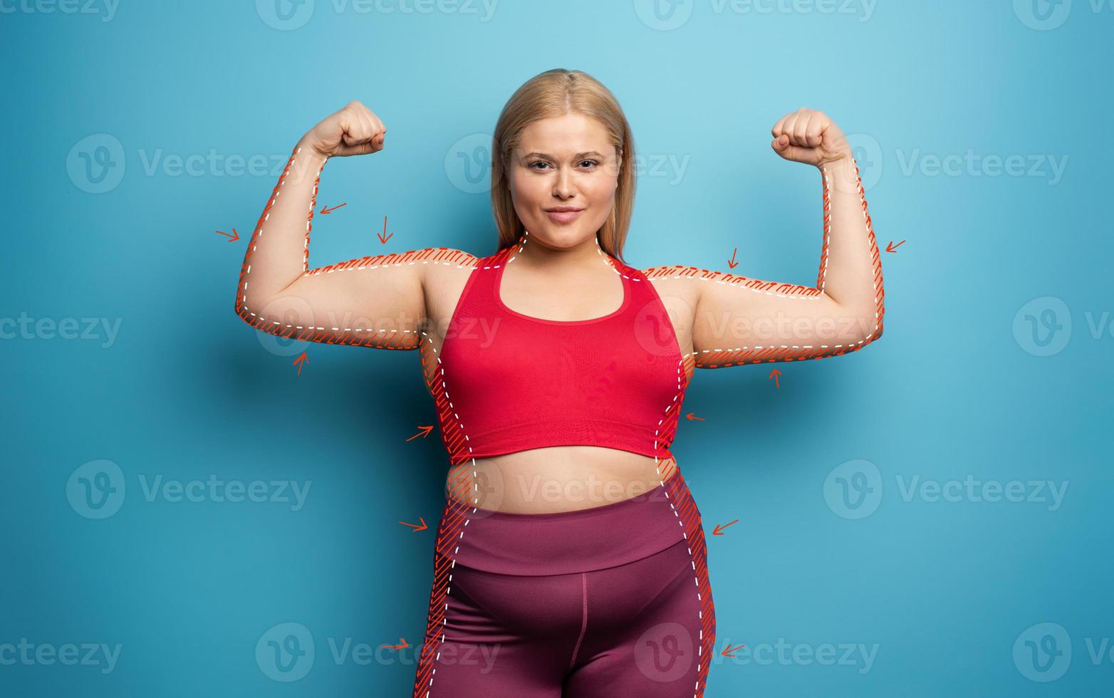 determinado niña quiere a eliminar grasa y lo hace gimnasio a hogar. satisfecho expresión. cian antecedentes foto